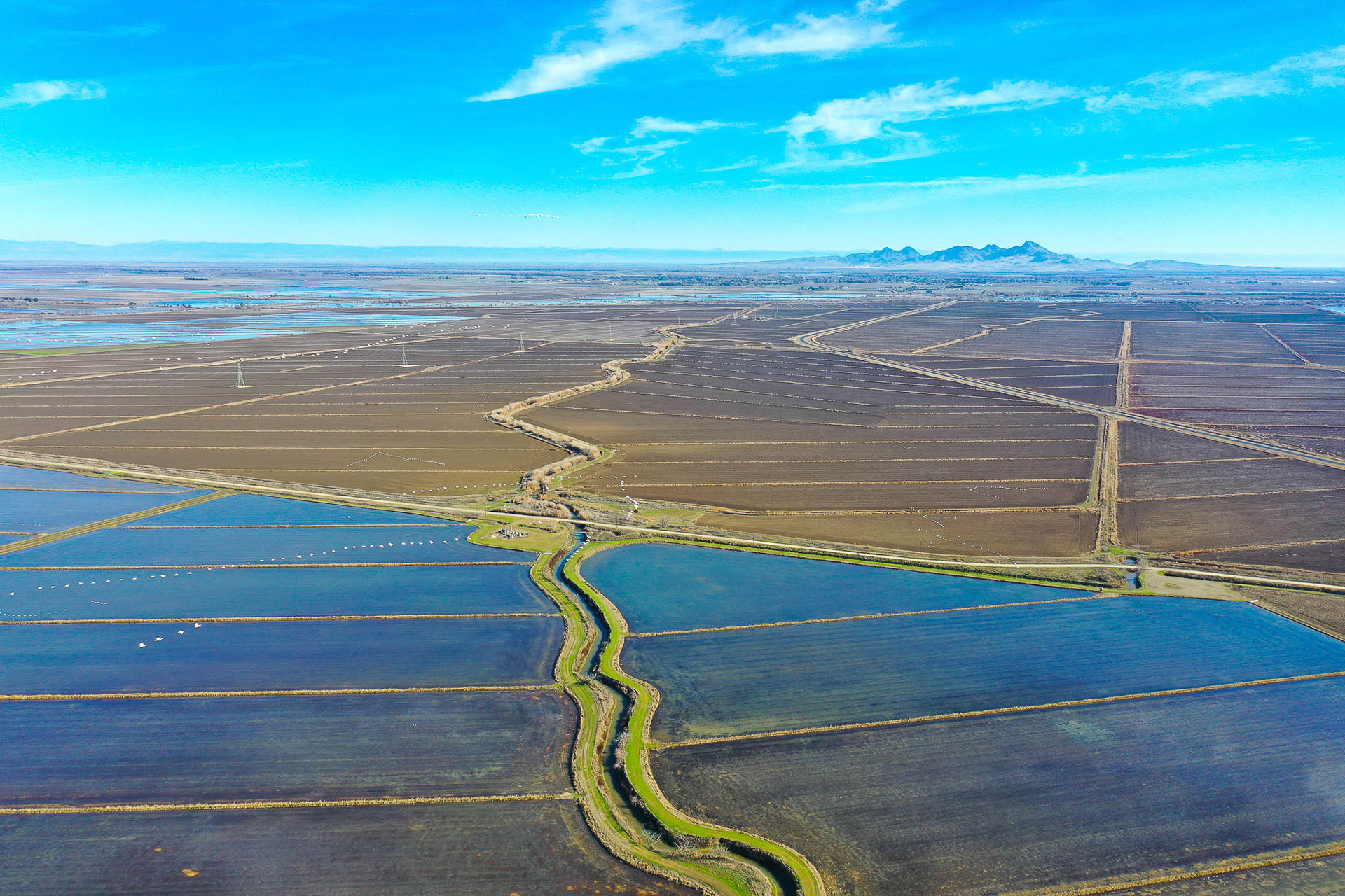 San Jose Rice Ranch aerial view showing canal ditch that feeds the rice fields with Sutter Buttes in background